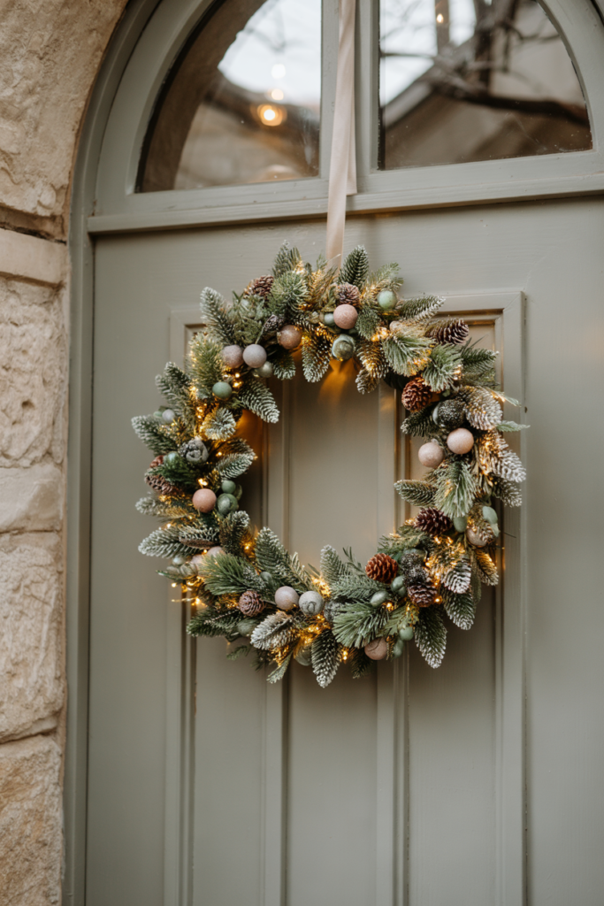 Playful ring of miniature bottle-brush trees, tiny pinecones and pastel baubles dusted with faux snow and fairy lights on a sage-green door.