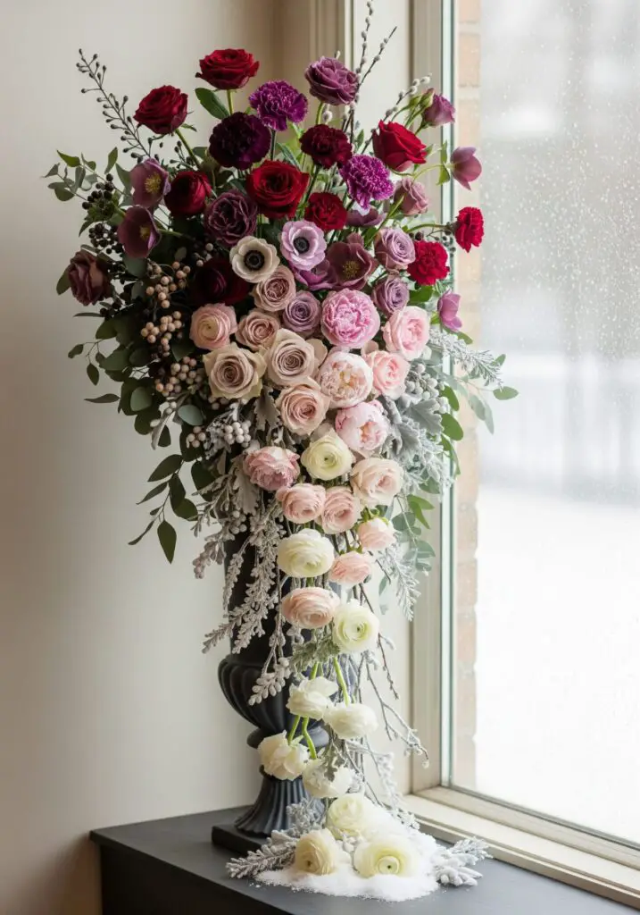 Dark-to-light cascading winter floral arrangement with deep burgundy and plum roses at the top fading into pale blush, ivory, and white blooms at the bottom, arranged in a tall matte black urn beside a frosted window, softly lit to highlight the gradient and winter textures.
