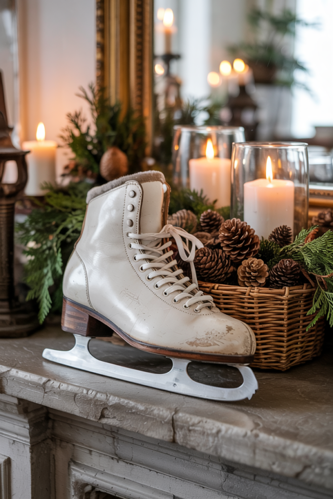 Vintage-style winter mantel with a small wooden sled and old ice skates displayed beside pinecones, candles, and evergreen sprigs, evoking nostalgic holiday charm.