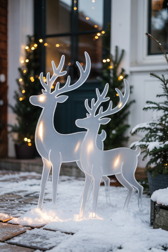 Two elegant frosted-acrylic reindeer silhouettes backlit by warm uplights, standing beside a modern snowy doorway with a slim evergreen garland and soft snowfall.