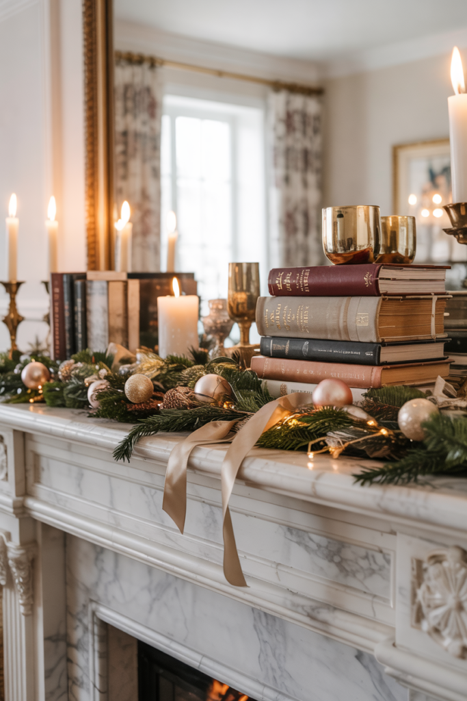 A modern winter mantel styled with antique books stacked beside candles and greenery, creating a cozy, collected, and elegant holiday look.