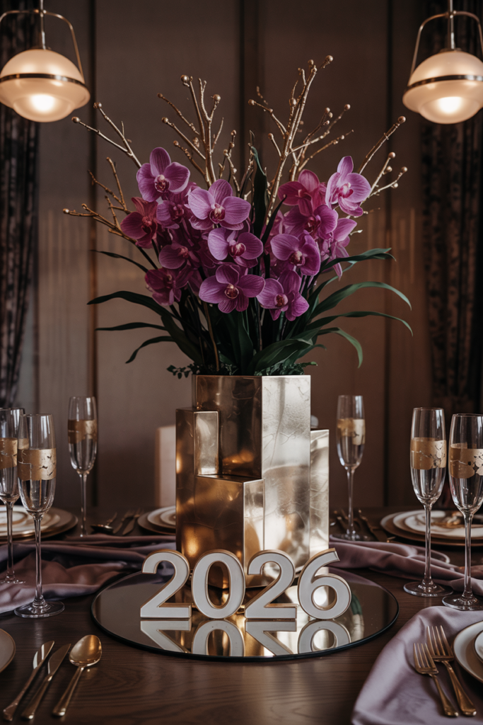 Art Deco–inspired New Year decor with rich purple tones, geometric accents, and gold foil details in a glamorous winter interior.