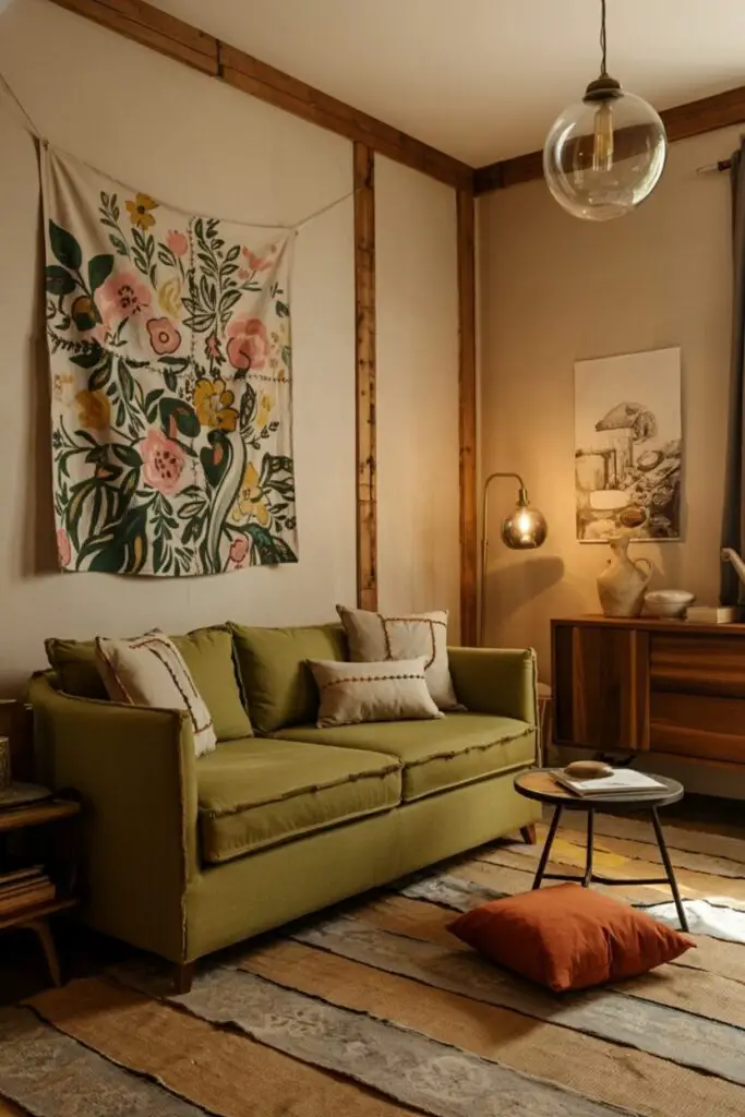 An artisan salon-style living room showcasing bespoke carved wood furniture, embroidered textile art above a moss-green velvet sofa and handmade ceramics.