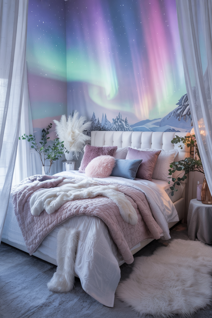 Dreamy winter bedroom with pastel LED aurora lighting in lavender, mint, and pearl pink illuminating a cozy white bed layered with fur throws and velvet pillows.