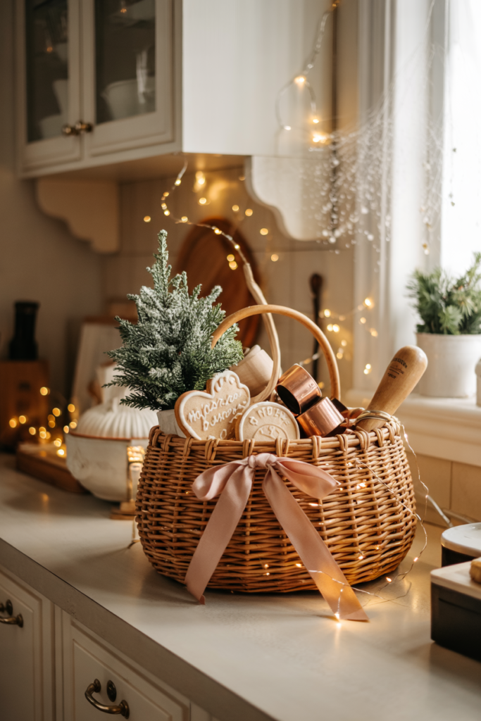 Baking zone, that have a woven basket holding holiday baking items like gingerbread cutters, cookie stamps, seasonal spatulas and baking goods as part of the décor.