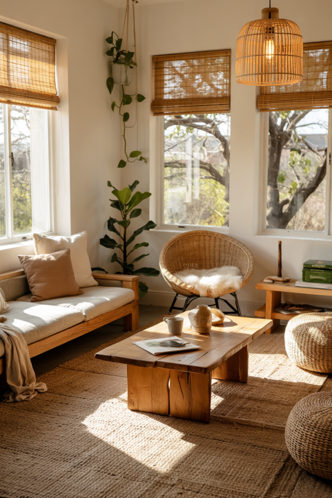 A biophilic living room filled with reclaimed wood furniture, rattan seating, textured ceramics and lush houseplants with warm natural sunlight.