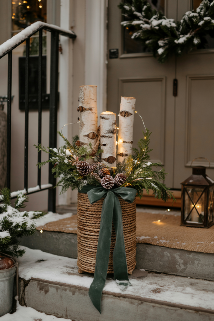 A rustic trio of real birch logs tied with a plush velvet ribbon and tucked greenery, glowing subtly with interwoven fairy lights and dusted with fresh snow beside the door.