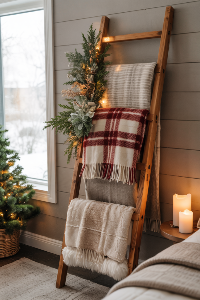 Layered Christmas-themed blankets and throws hanging on a wooden ladder.