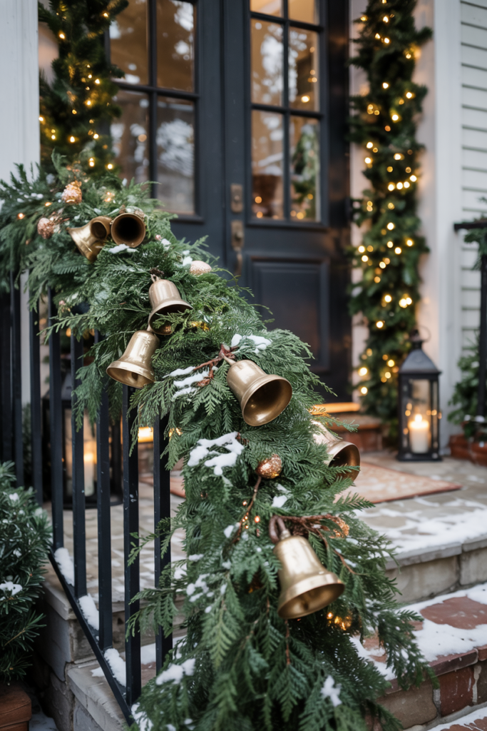 A neat row of classic lanterns with tartan or ticking-stripe bows along the steps, each glowing warmly.