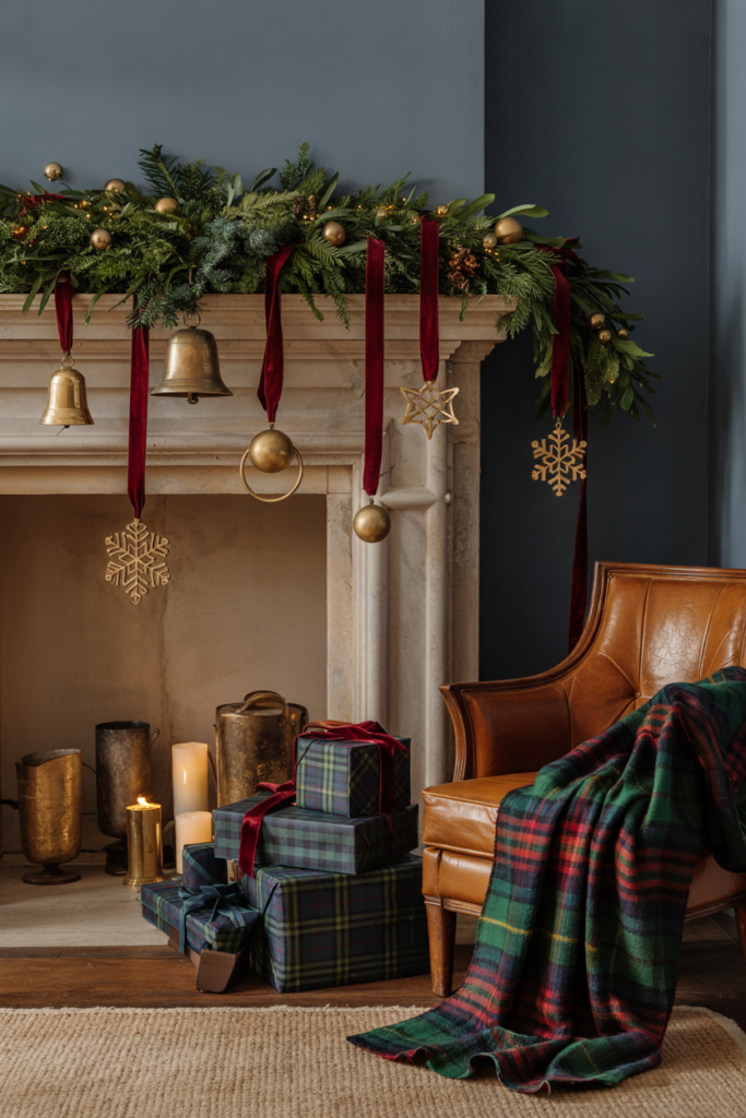 Ralph Lauren–style Christmas mantel decorated with aged brass candleholders, antique gold ornaments, brass bells, lush evergreen garland, plaid accents, and warm candlelight in a cozy modern rustic living room.
