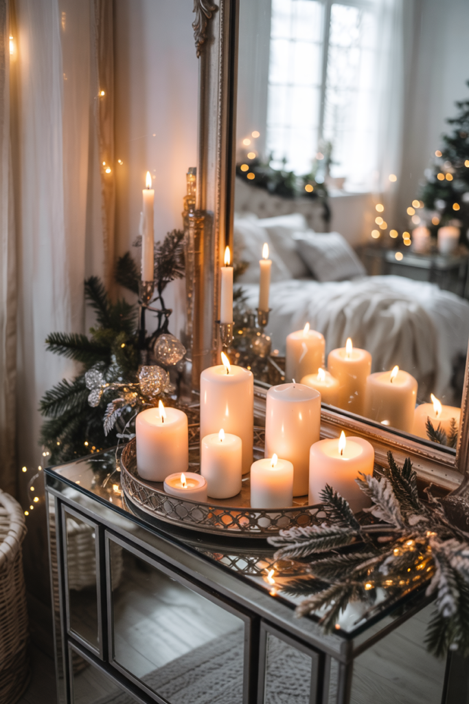 Elegant winter bedroom with a pearl velvet headboard draped in crystal garlands and fairy lights, sparkling softly above white and silver bedding for a frosty, enchanted look.