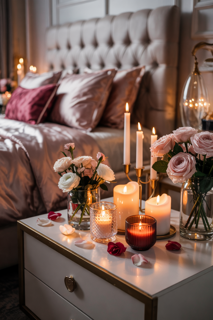bedside vignette showing matching nightstands layered with crystal and gold candle holders, scented candles, mini florals, and a neatly made satin bed between them.