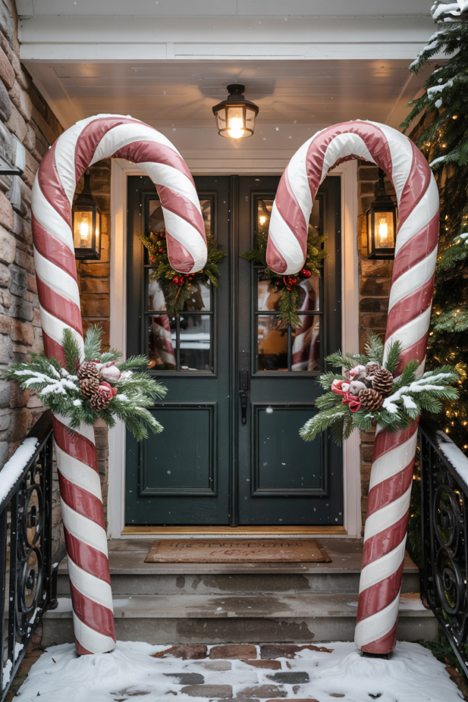 A pair of oversized candy canes—classic red-and-white or soft modern pastels—symmetrically framing a visible modern door with light snow on the steps.