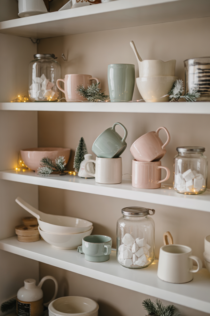 Modern luxe kitchen shelf styled with pastel mugs, white ceramics, and snow-dusted jars filled with faux sugar, creating a whimsical Winter Wonderland festive display.