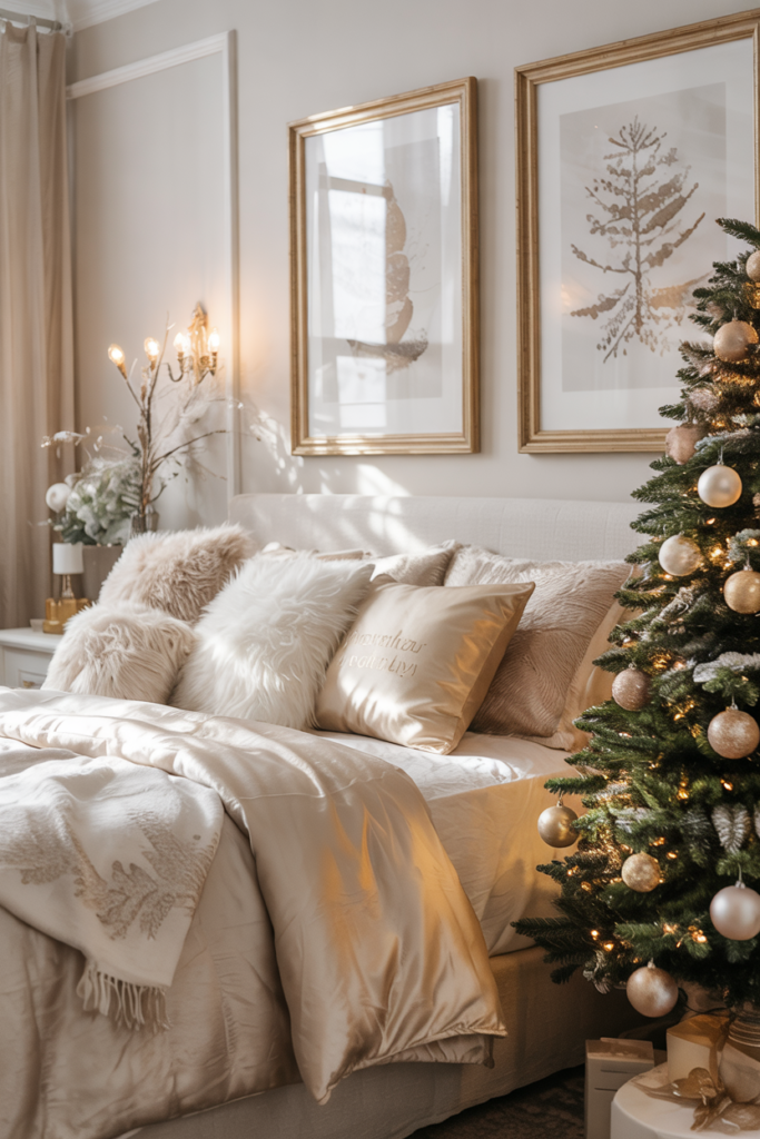 A serene cream bedroom punctuated with champagne and brushed-gold accents—picture frames, lamp bases, a mirrored tray of metallic ornaments, and soft candlelight.