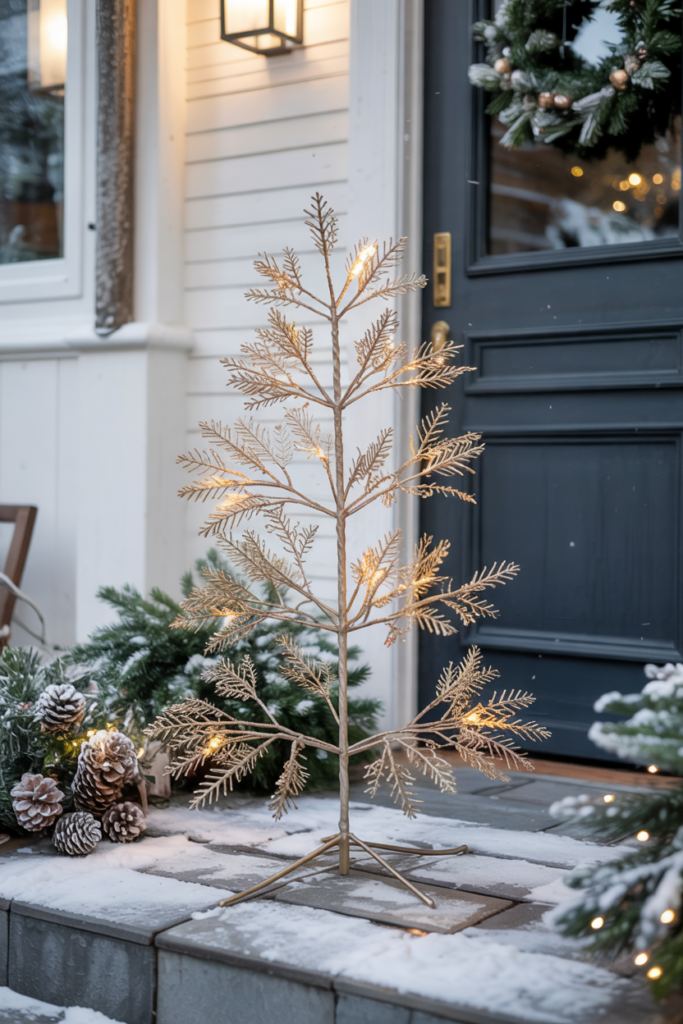 A tall sculptural branch tree spray-painted champagne gold with micro-LEDs wrapped delicately around each limb