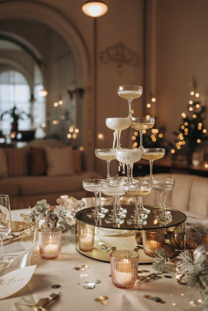 Elegant champagne tower centerpiece with crystal glasses and warm lighting, creating a luxurious New Year 2026 home display.