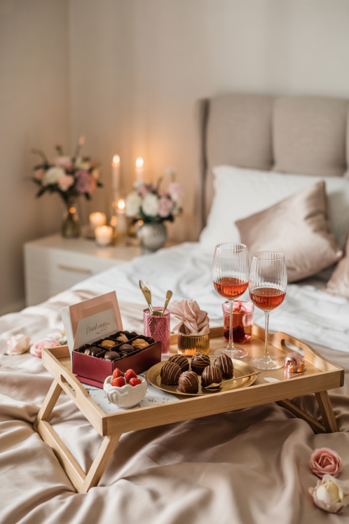 A marble tray on a perfectly made satin bed holding crystal wine glasses, chocolate-dipped strawberries, and artisan chocolates.