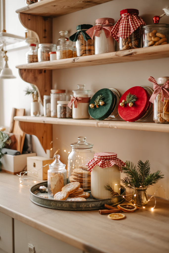 Regular lids on jam/jelly or dry goods jars are replaced with festive ones like gingham, gold, with holly motif for a seasonal pantry look.