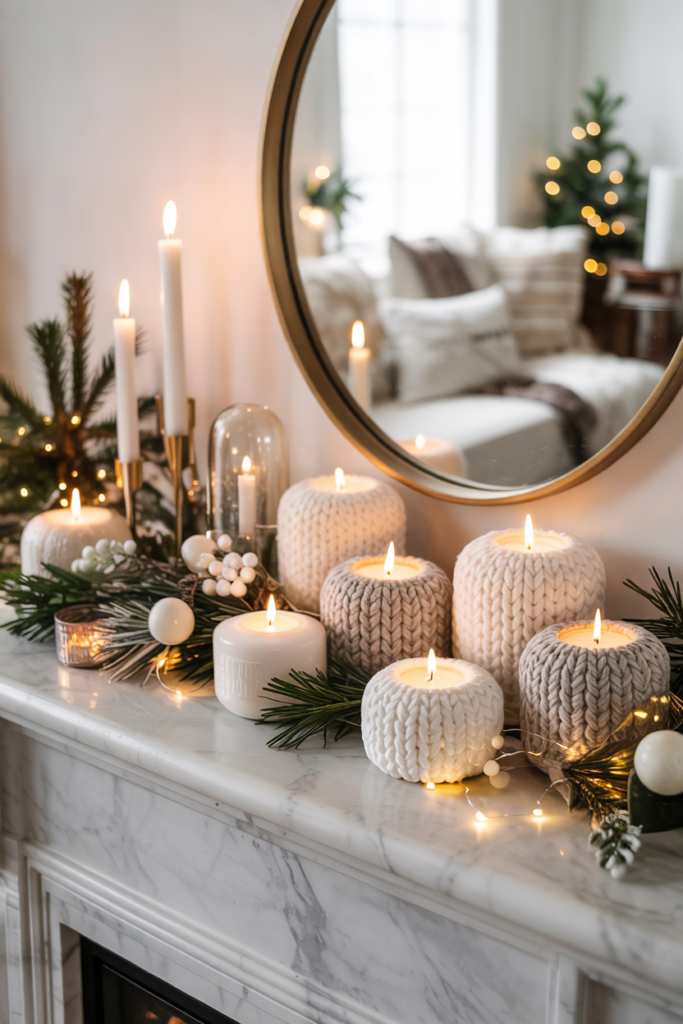 A cozy winter mantel featuring chunky knit candle covers and knitted pot-holders repurposed as accents, styled with greenery, candles, and warm neutral tones for a modern handmade holiday look.