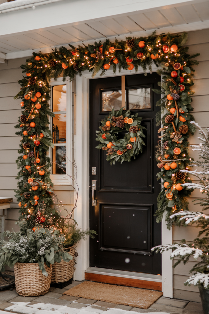 An oversized dried-citrus and evergreen garland draped around the doorway with backlit orange slices, eucalyptus, cinnamon sticks, pinecones, woven lights, and light falling snow.