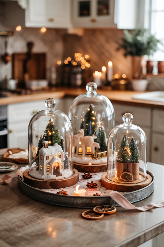 glass cloches over small holiday miniatures like snowed houses, and mini trees placed on the kitchen island.