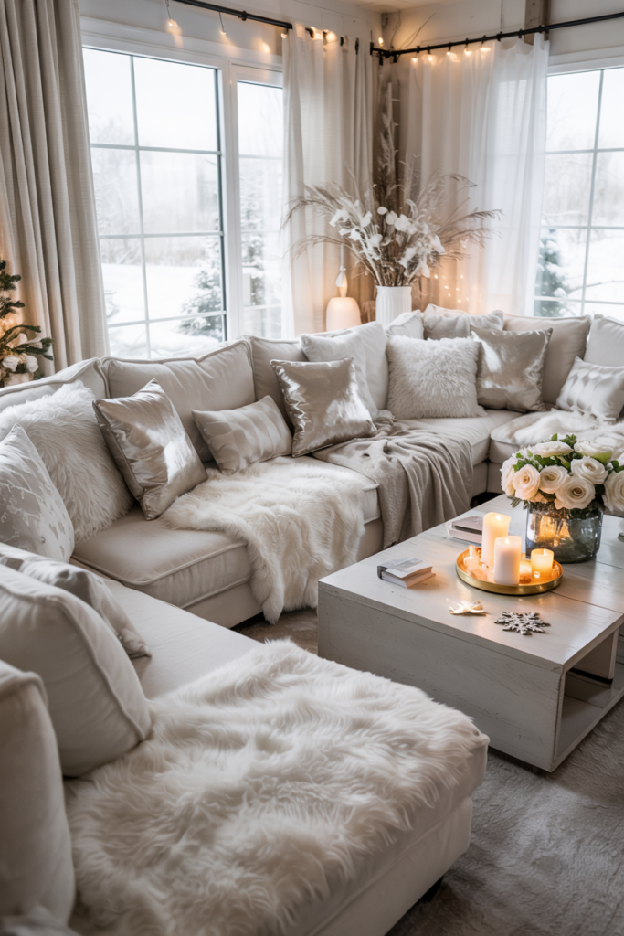 Modern winter living room with a plush white sofa draped in fluffy faux fur throws and velvet cushions, creating a cloud-like, cozy wonderland atmosphere.