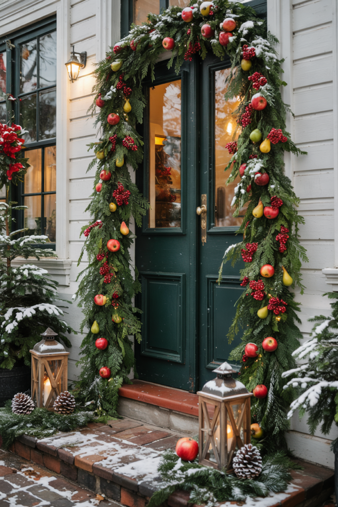 A chunky evergreen garland woven with large antique-finish brass bells and subtle fairy lights draped near the doorway.