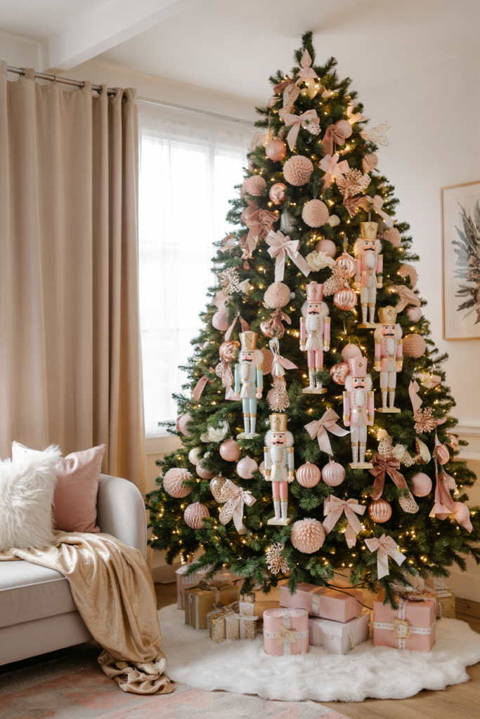 Blush, gold, and white Nutcracker-themed Christmas tree in a modern luxe living room.