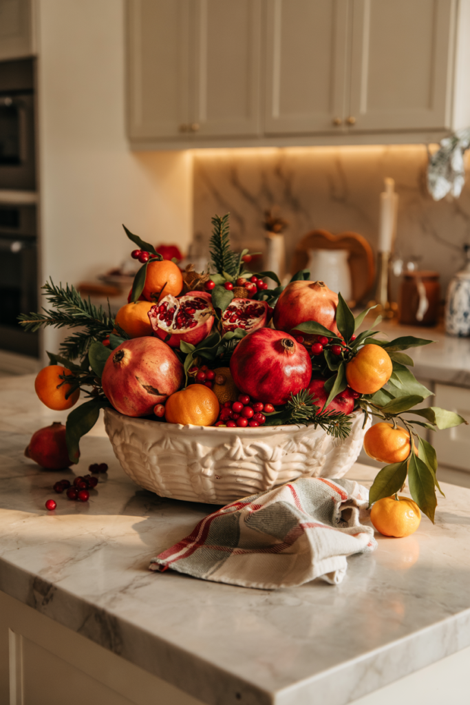 Fill a decorative bowl with seasonal fruits like pomegranates, clementines, evergreen sprigs, pinecones.
