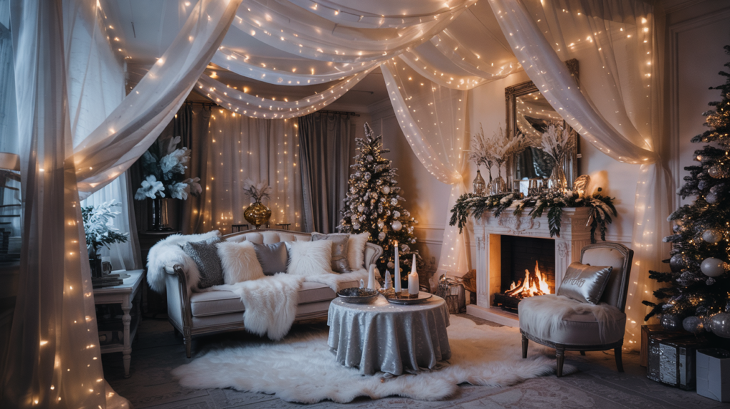 Modern luxe living room transformed into a winter wonderland with cascading fairy lights, sheer white drapes, frosted branches, plush white textures, and glowing festive décor creating a magical snowy atmosphere.