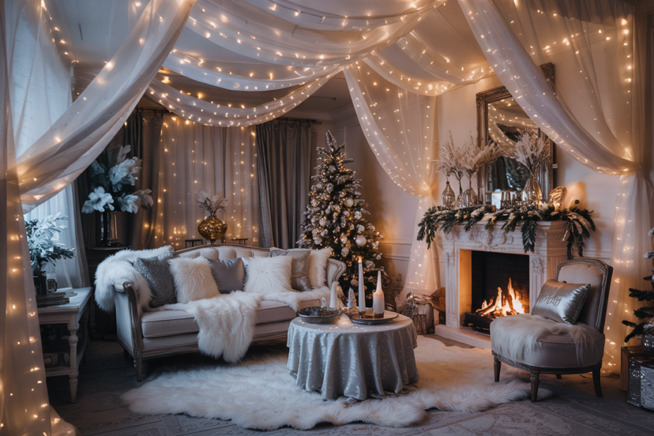 Modern luxe living room transformed into a winter wonderland with cascading fairy lights, sheer white drapes, frosted branches, plush white textures, and glowing festive décor creating a magical snowy atmosphere.