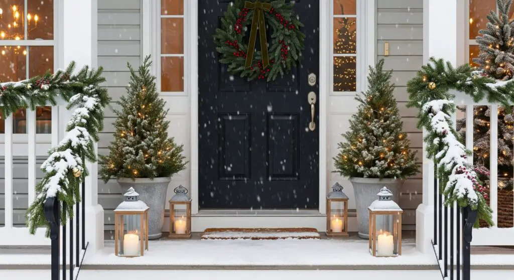 A simple, elegant Christmas porch with a single evergreen wreath, two frosted planters, warm lanterns, and soft snowfall framing a fully visible front door.