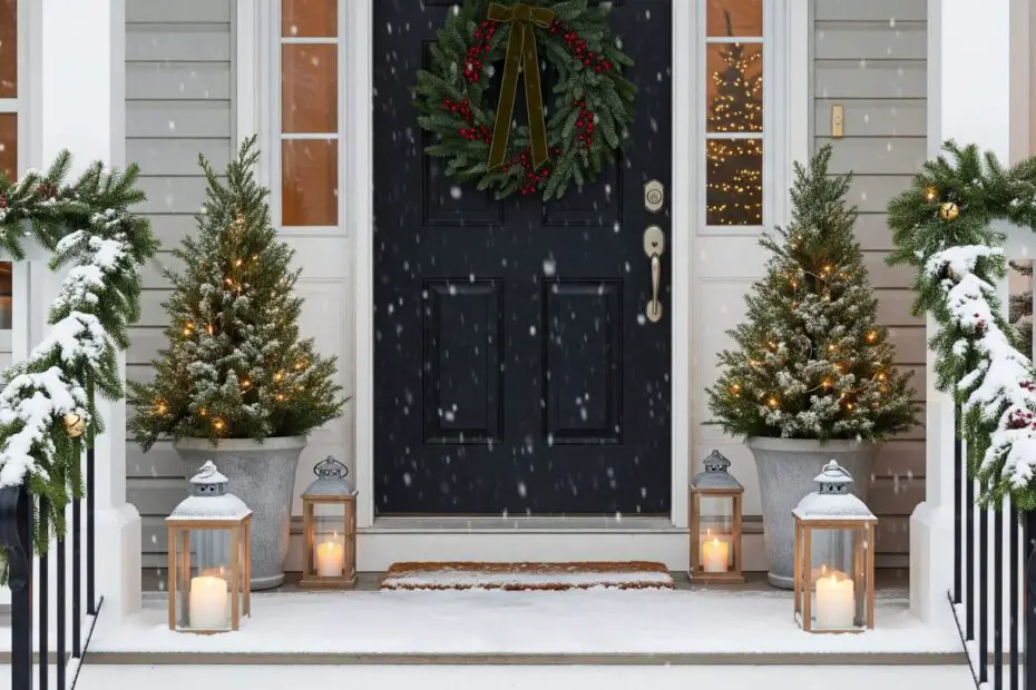 A simple, elegant Christmas porch with a single evergreen wreath, two frosted planters, warm lanterns, and soft snowfall framing a fully visible front door.