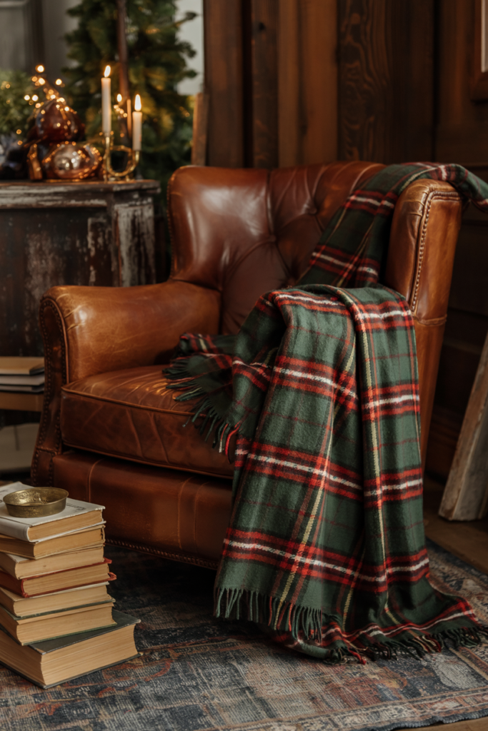 Ralph Lauren–style cozy holiday reading corner with leather chair, wool plaid throw, stacked classic books, brass candlelight, pinecones, and evergreen accents in a warm modern rustic interior.