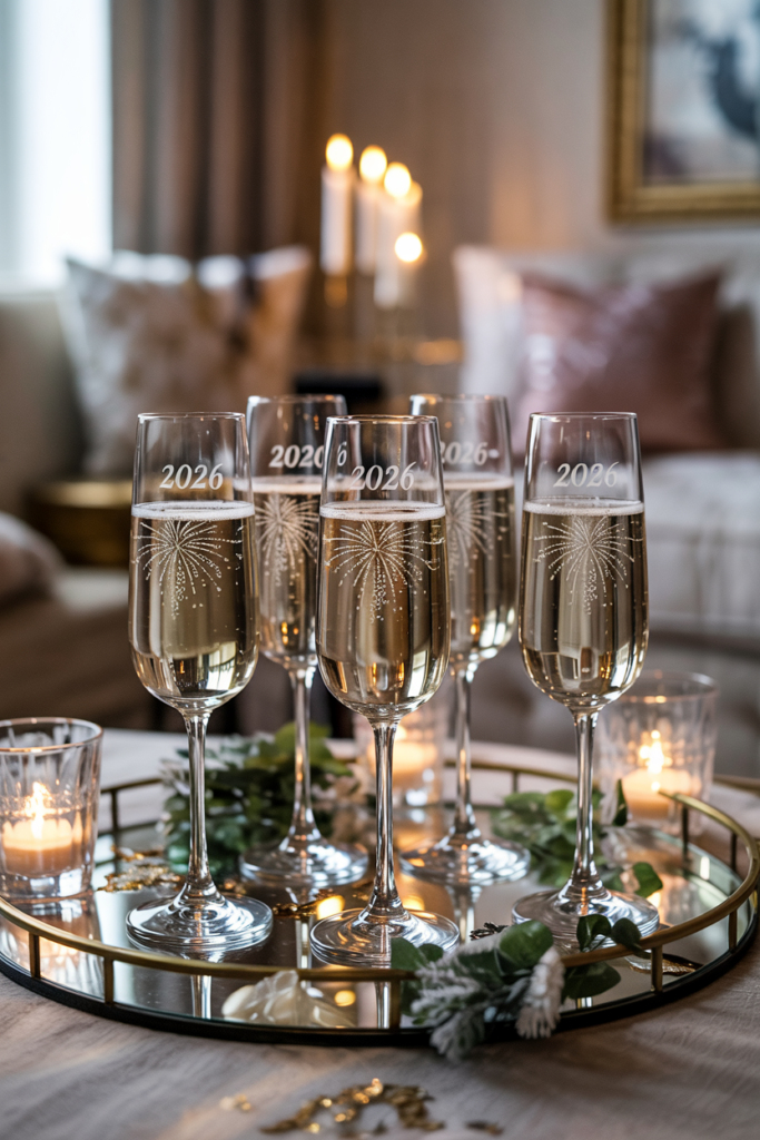 Personalized crystal champagne flutes with “2026” engravings, elegantly displayed in a festive New Year home setting.