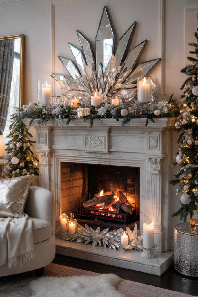 Luxurious winter living room with a glowing fireplace mantel decorated with glass candle holders, frosted pinecones, silver garland, and mirror fragments for an ice crystal shimmer effect.