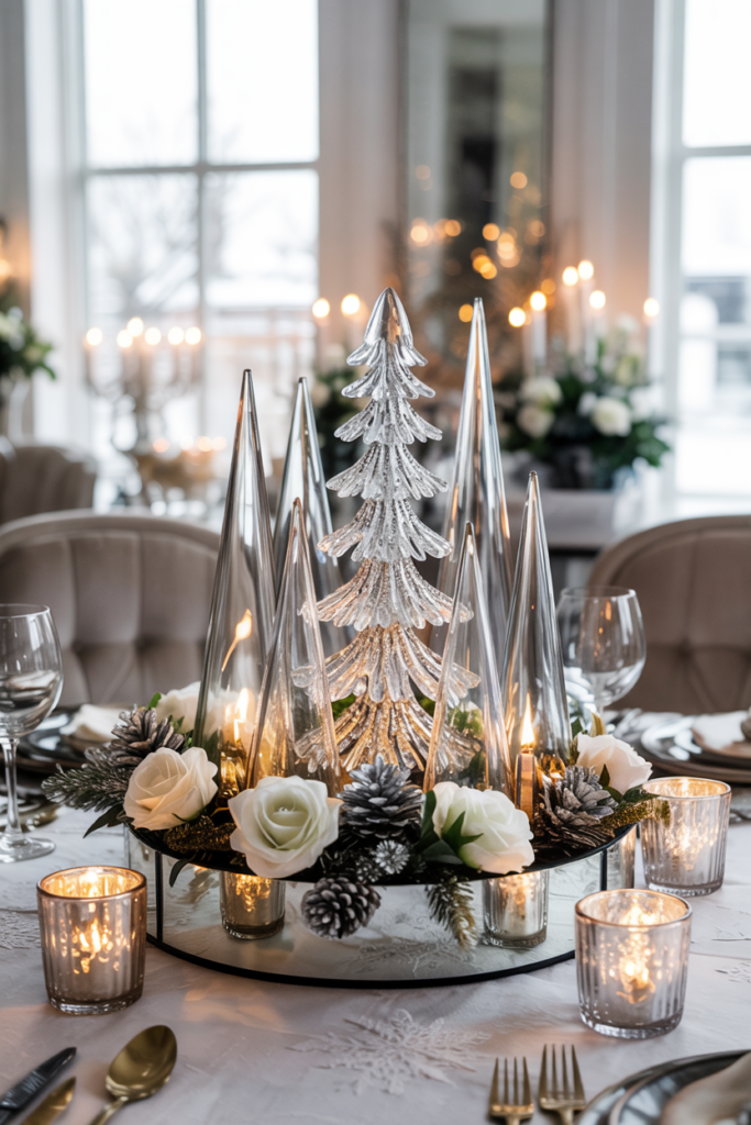 Modern luxe winter dining table with a crystal forest centerpiece of glass trees, mirrored trays, icy florals, and candlelight, creating a luxurious frosty Winter Wonderland setting.