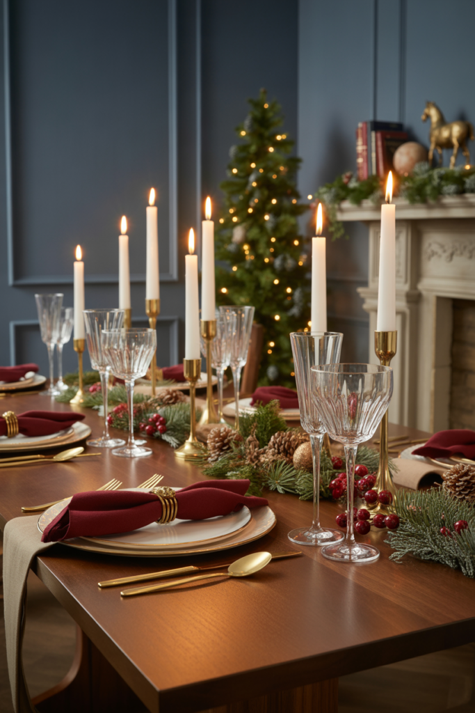 Ralph Lauren–style holiday dining table set with crystal glassware, brass candleholders, evergreen accents, plaid touches, fine china, and warm candlelight creating an elegant and cozy Christmas atmosphere.