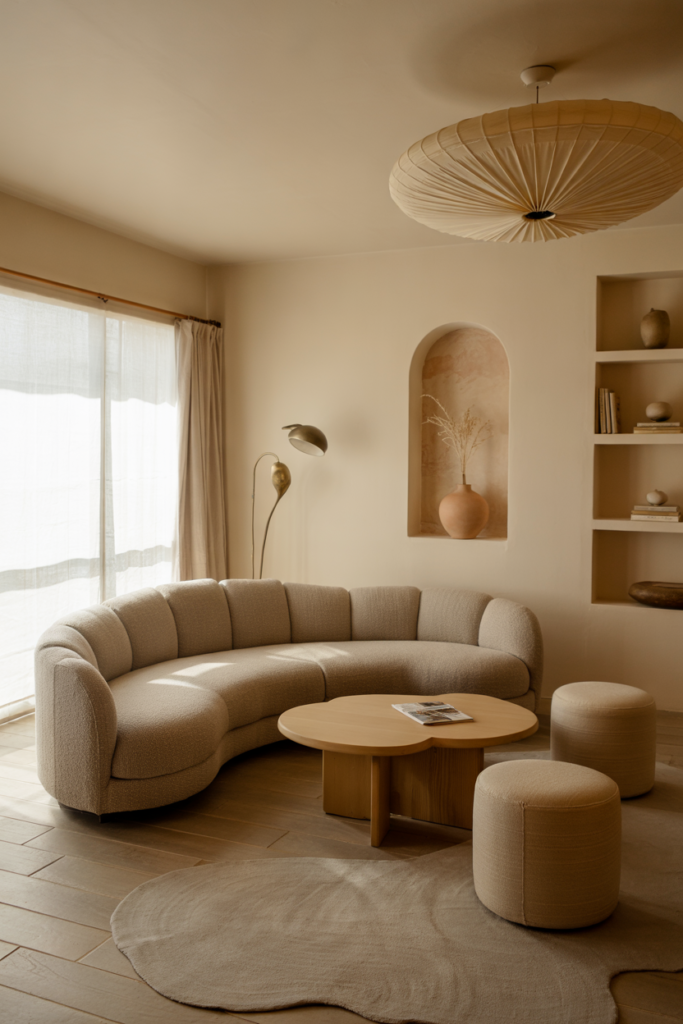 A serene, organic living room dominated by a dove-grey boucle crescent sofa, kidney-shaped oak coffee table, arched bookshelf nook and flowing curved shapes.