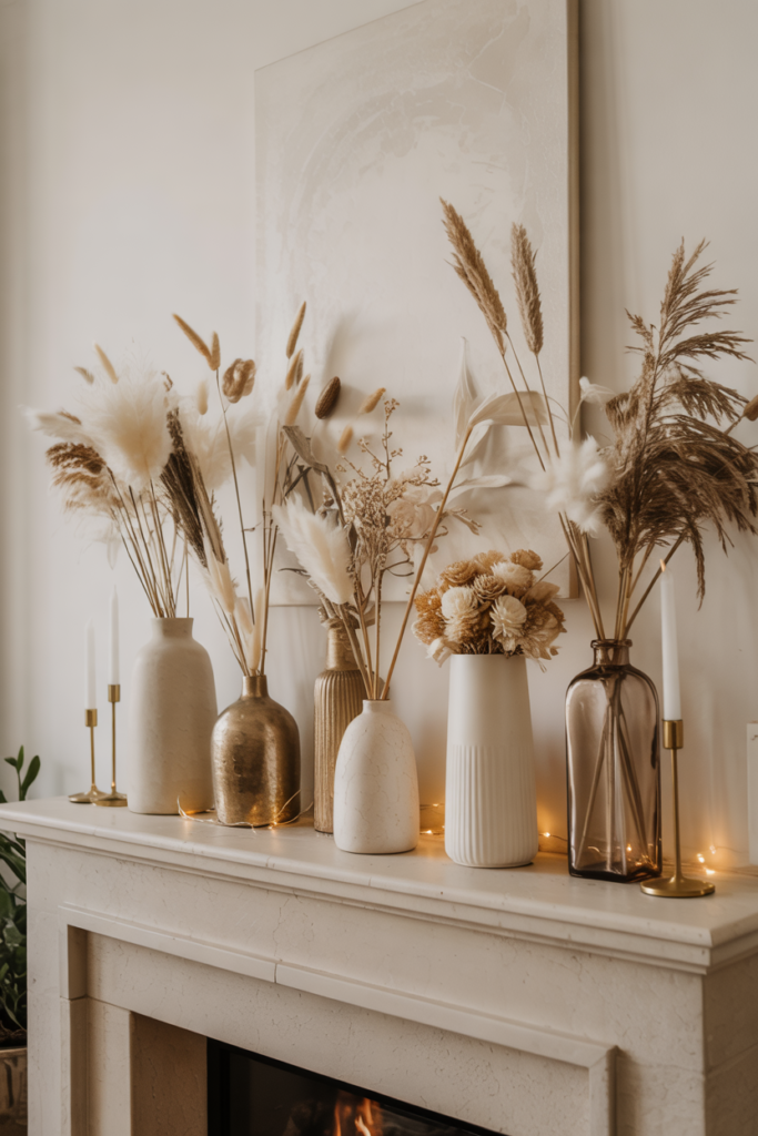 A modern winter mantel styled with tall vases of dried botanicals, pampas, and bleached grasses, accented by candles and soft neutral tones for an elegant organic winter look.