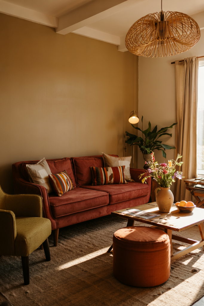 An earthy, vibrant living room with a terracotta velvet sofa, olive boucle chair, clay plaster walls, mossy ochre accent wall and abundant natural textures.