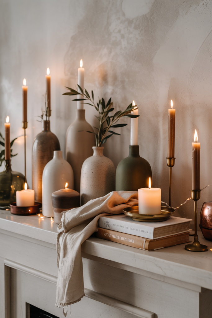 A winter mantel styled in earthy tones of mushroom-grey, mocha brown, and olive green with ceramic vases, candles, and dried botanicals for a warm, natural look.