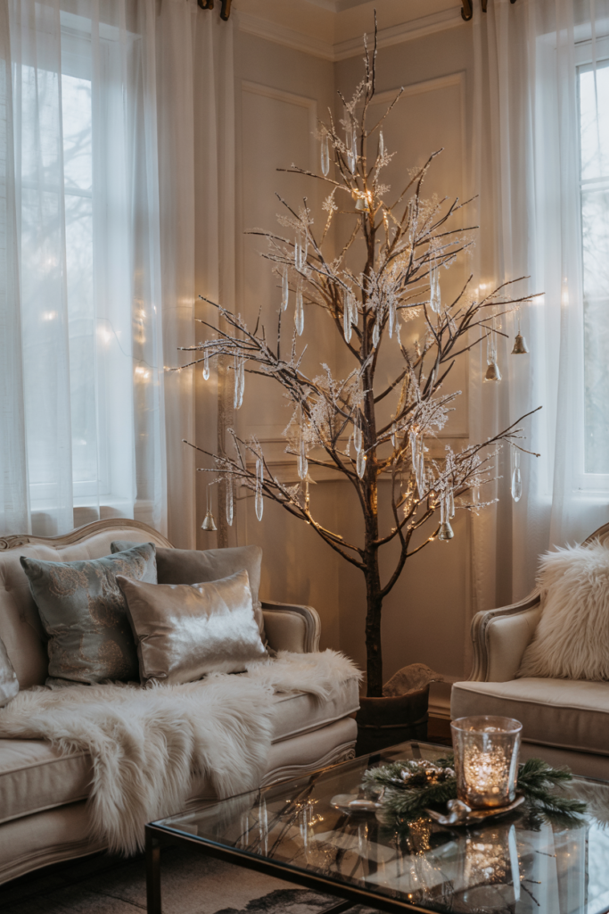 Cozy winter living room with a tall white branch tree decorated with icicle ornaments, silver bells, and tiny owl and reindeer figurines, glowing softly amid snowy white and silver decor.