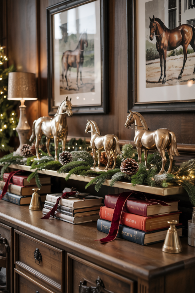 Ralph Lauren–inspired Christmas décor featuring horse figurines, vintage leather-bound books, evergreen branches, plaid accents, and brass candleholders in a cozy modern rustic living room with heritage equestrian charm.