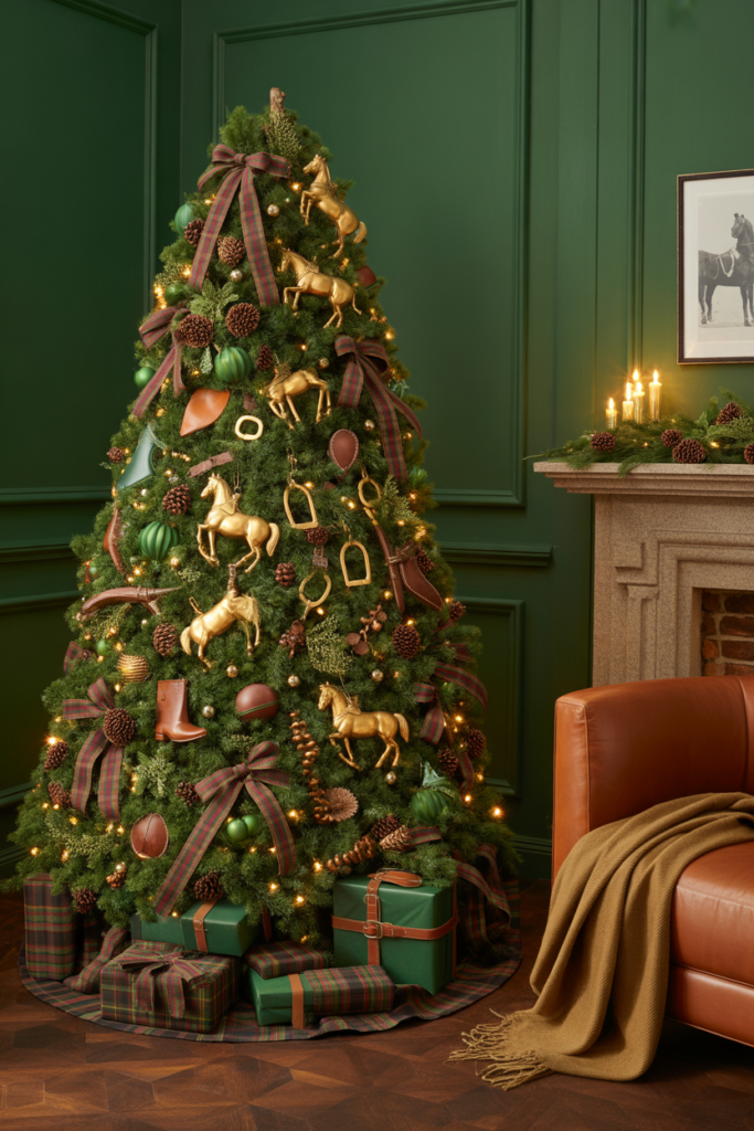 Ralph Lauren–style Christmas tree decorated with equestrian-themed ornaments including horse silhouettes, leather straps, brass bits, plaid and velvet ribbons, pinecones, and warm fairy lights in a cozy modern rustic living room.