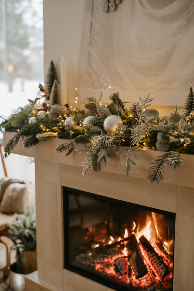 A modern Nordic-inspired Christmas fireplace mantel decorated with eucalyptus and silver-green foliage, soft white lights, and minimal ornaments, creating a calm and serene holiday display.