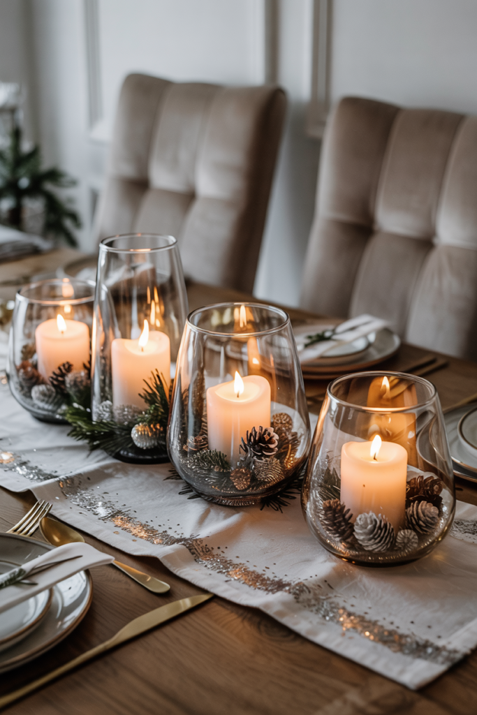 Modern luxe dining room with frozen-look glass candle holders filled with preserved evergreen sprigs and pinecones, glowing warmly to create a Winter Wonderland tablescape.