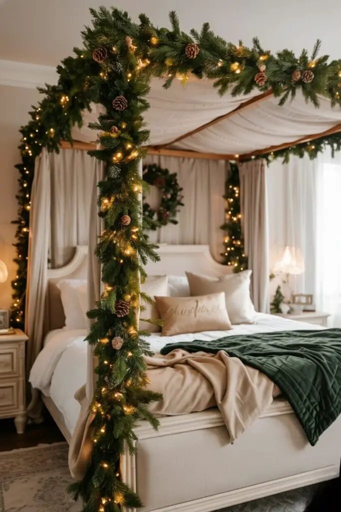 A lush evergreen garland swag draped along a canopy rail and bedposts, accented with pinecones, velvet ribbon, and tiny warm fairy lights.