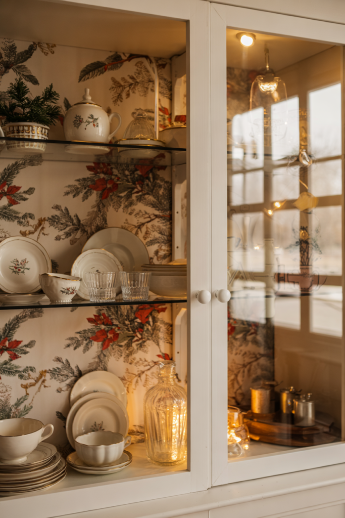 Back wall of glass-front cabinets is lined with the Christmas-patterned wallpaper of a pine motif.